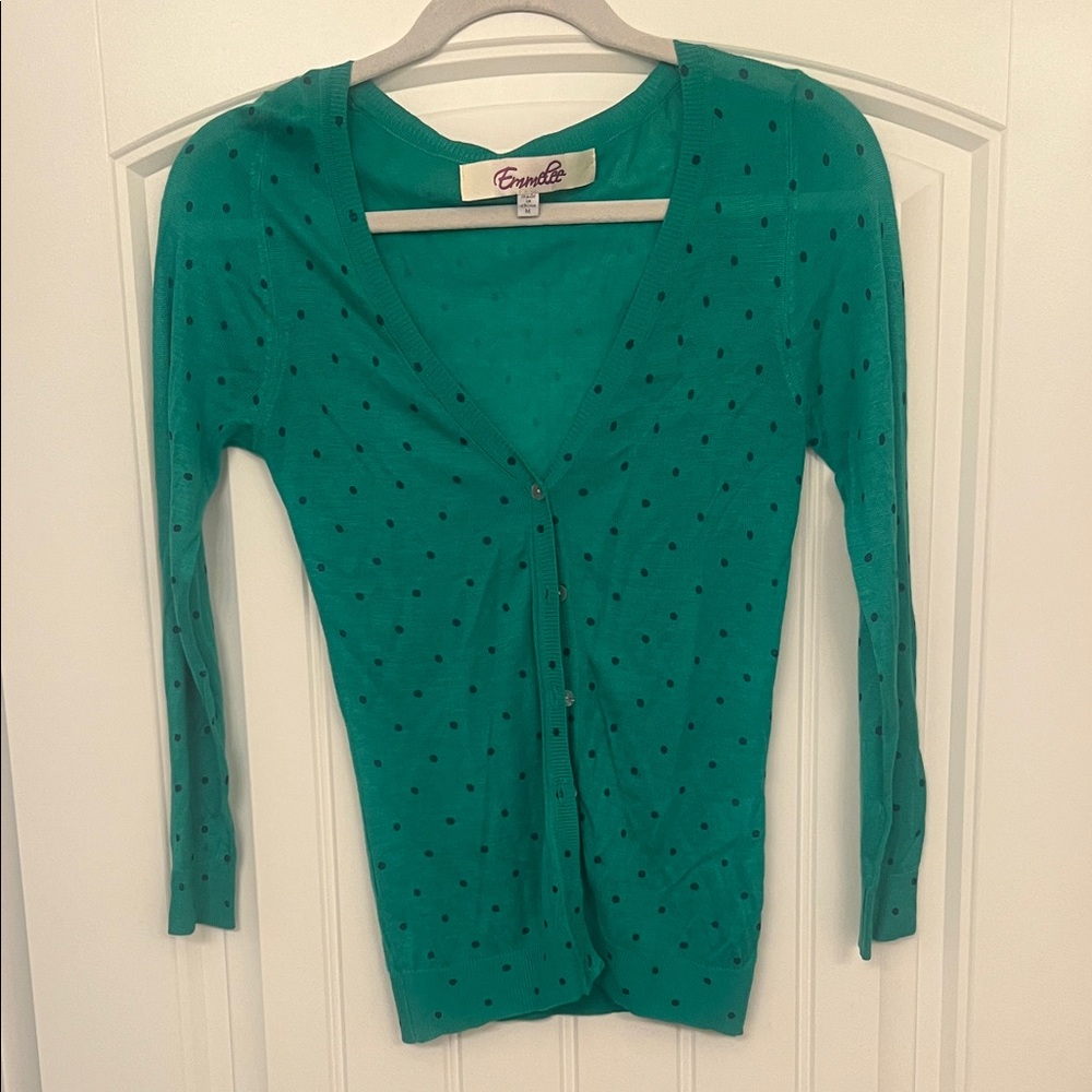 Emmelee for Anthropologie Women’s Teal Cardigan with Navy Polka Dots Sz M NWOT